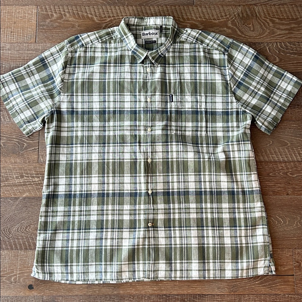 Barbour Green and White Plaid Button Down Shirt
